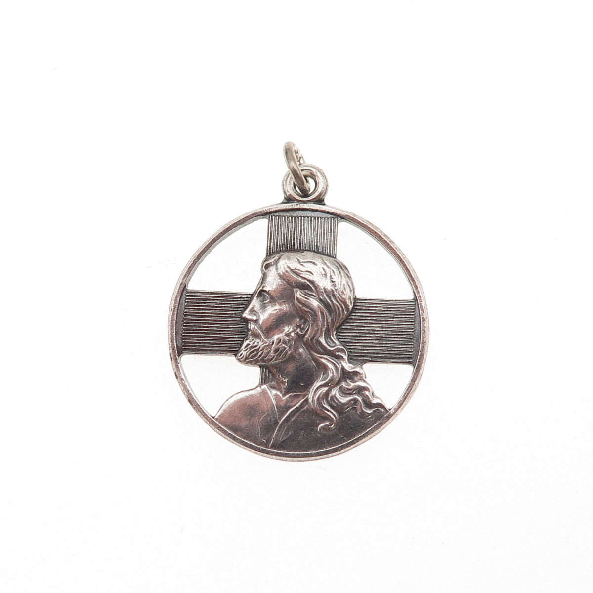 Wells 925 Sterling Silver Antique Art Deco Jesus Cross Protestant Charm Pendant