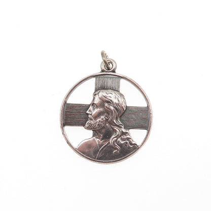 Wells 925 Sterling Silver Antique Art Deco Jesus Cross Protestant Charm Pendant