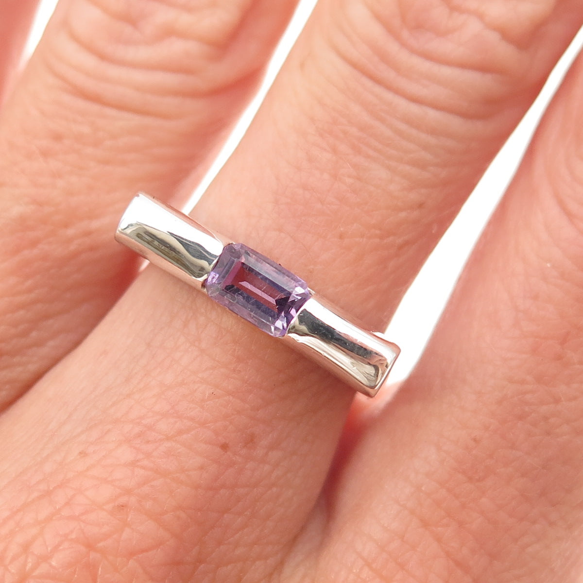 925 Sterling Silver Vintage Real Amethyst Modernist Oxidized Ring Size 7