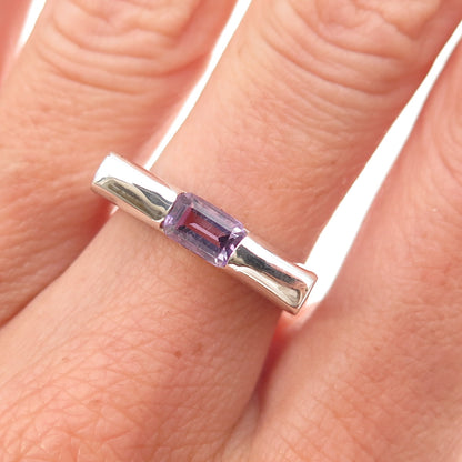 925 Sterling Silver Vintage Real Amethyst Modernist Oxidized Ring Size 7