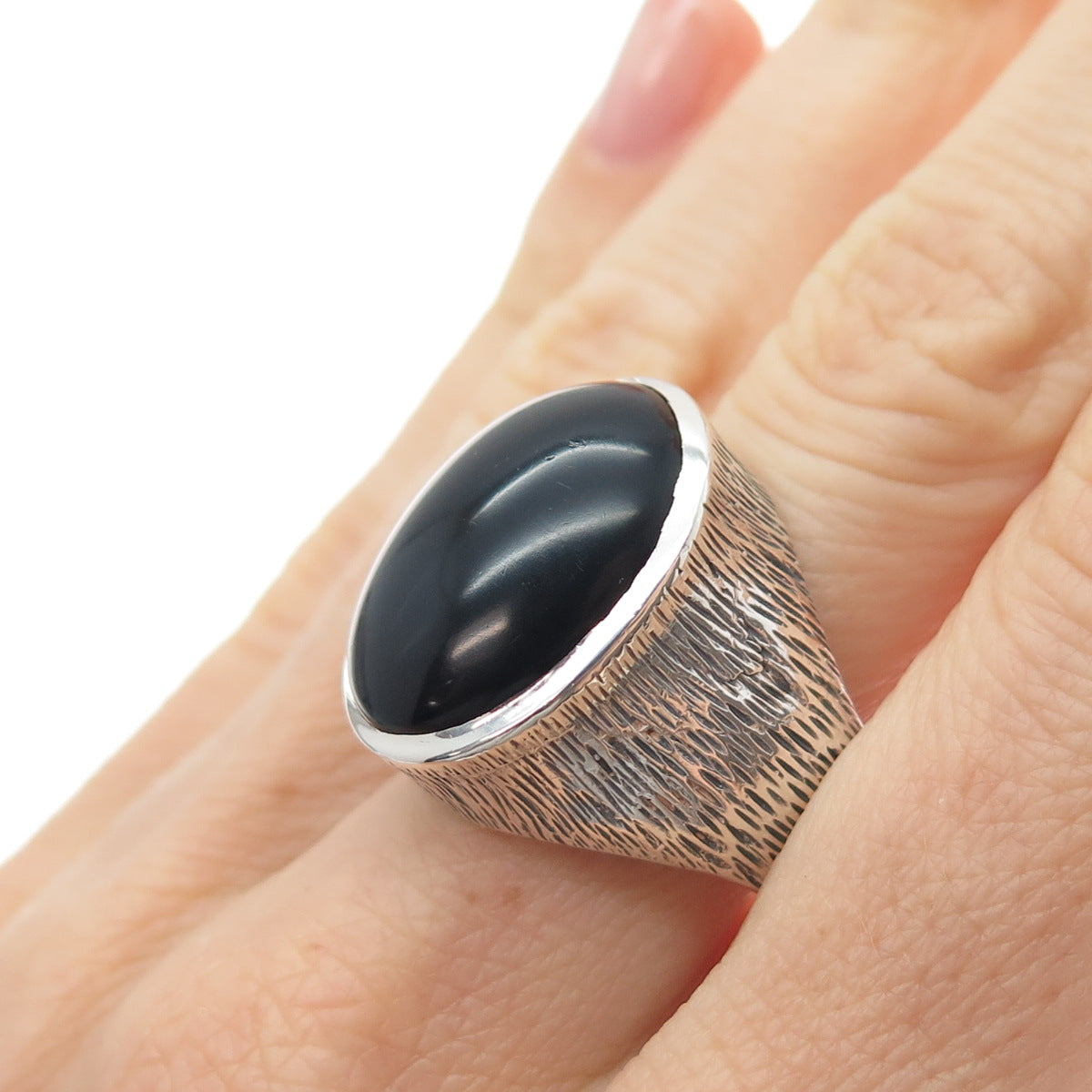 GEM CRAFT Sterling Silver Vintage Black Onyx Modernist Oxidized Ring Size 9.75