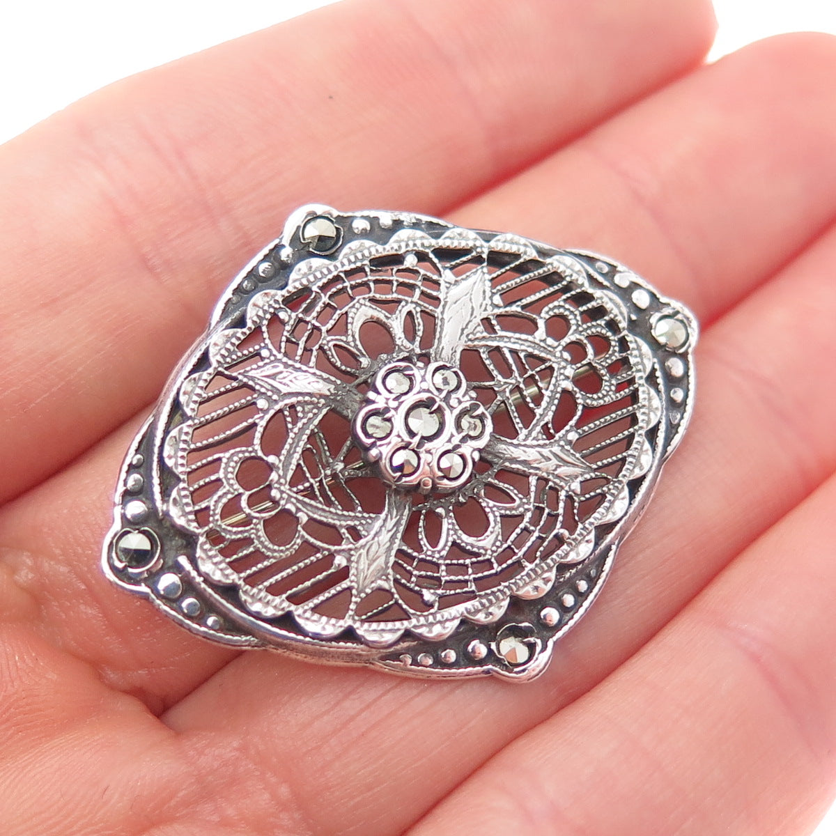 925 Sterling Silver Antique Art Deco Real Marcasite Filigree Oxidized Pin Brooch