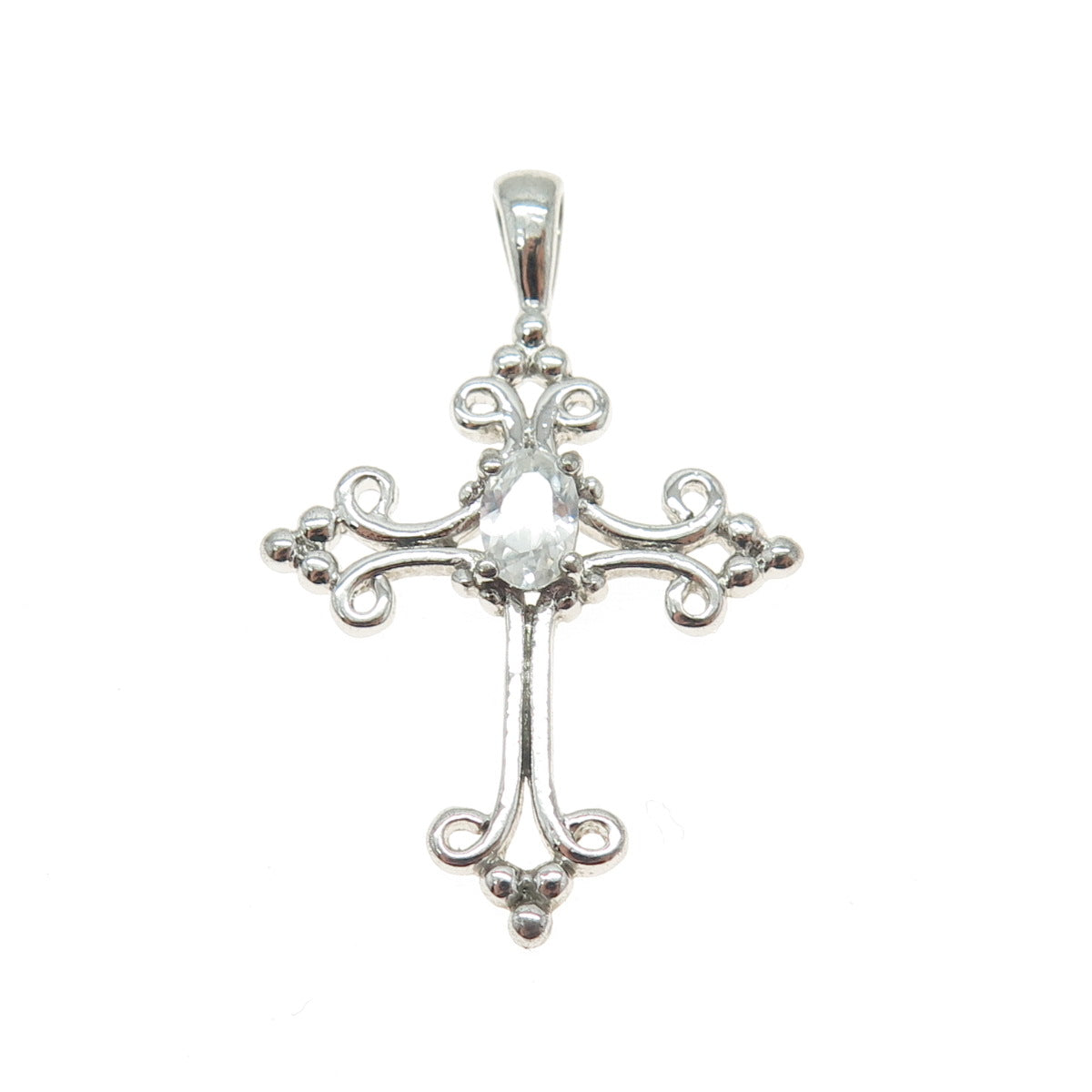 925 Sterling Silver Oval-Cut C Z Ornate Cross Pendant