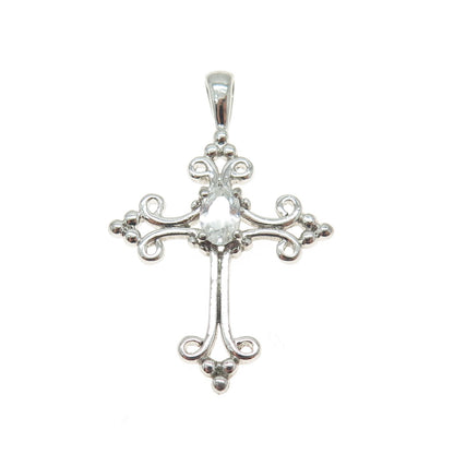 925 Sterling Silver Oval-Cut C Z Ornate Cross Pendant