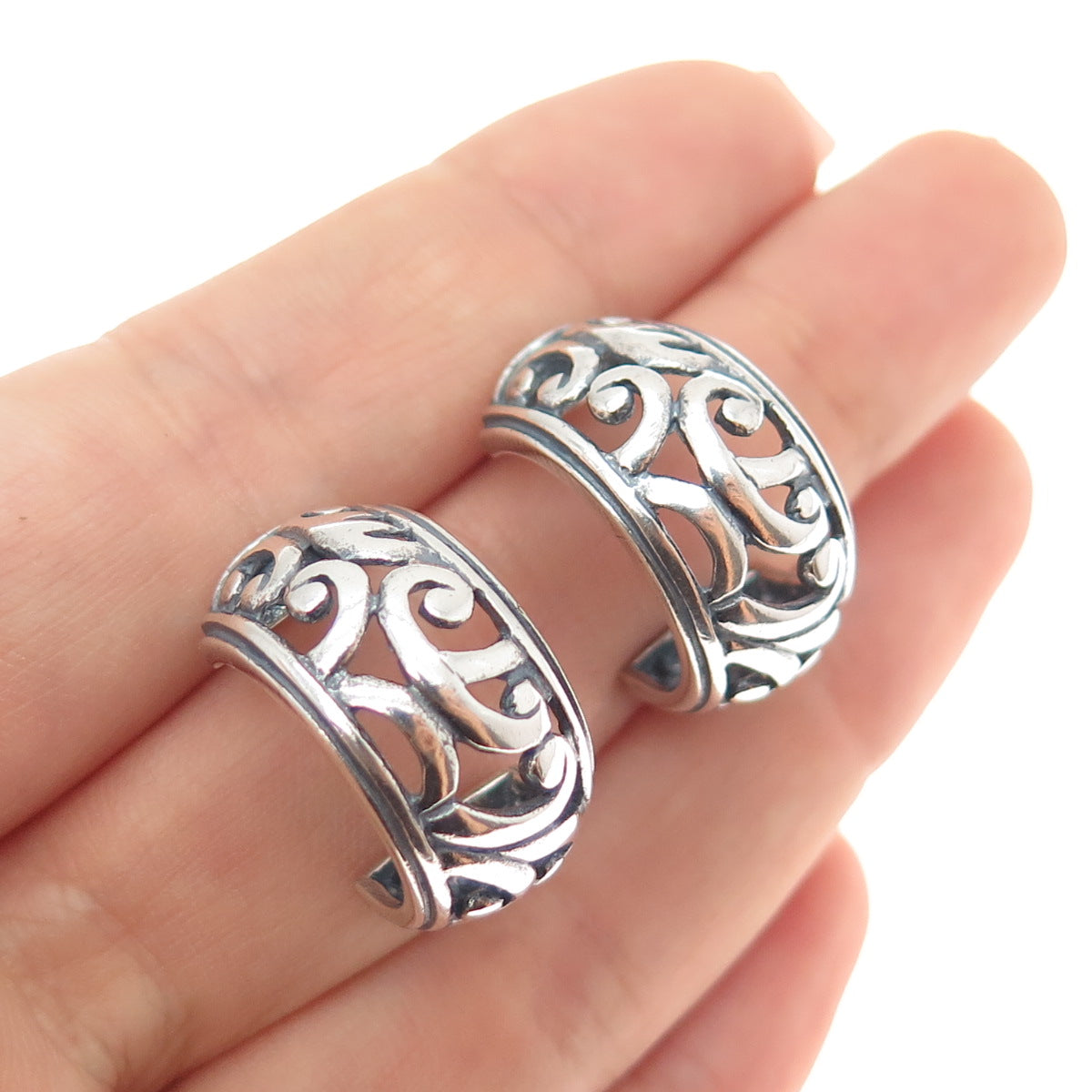 925 Sterling Silver Vintage Swirl Oxidized Hoop Earrings