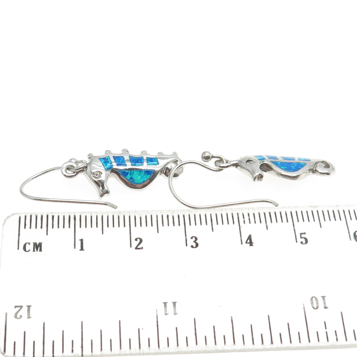 925 Sterling Silver Real Opal & C Z Seahorse Dangling Earrings