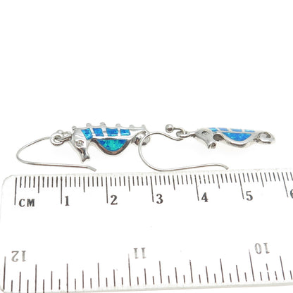 925 Sterling Silver Real Opal & C Z Seahorse Dangling Earrings