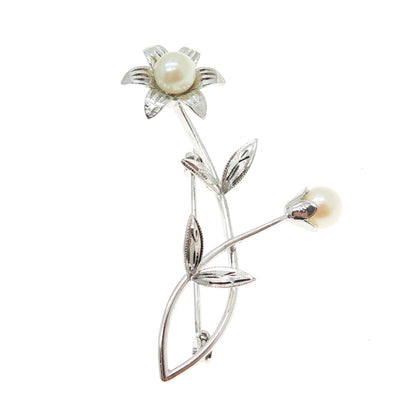 925 Sterling Silver Antique Art Deco Real Pearl Flower Pin Brooch