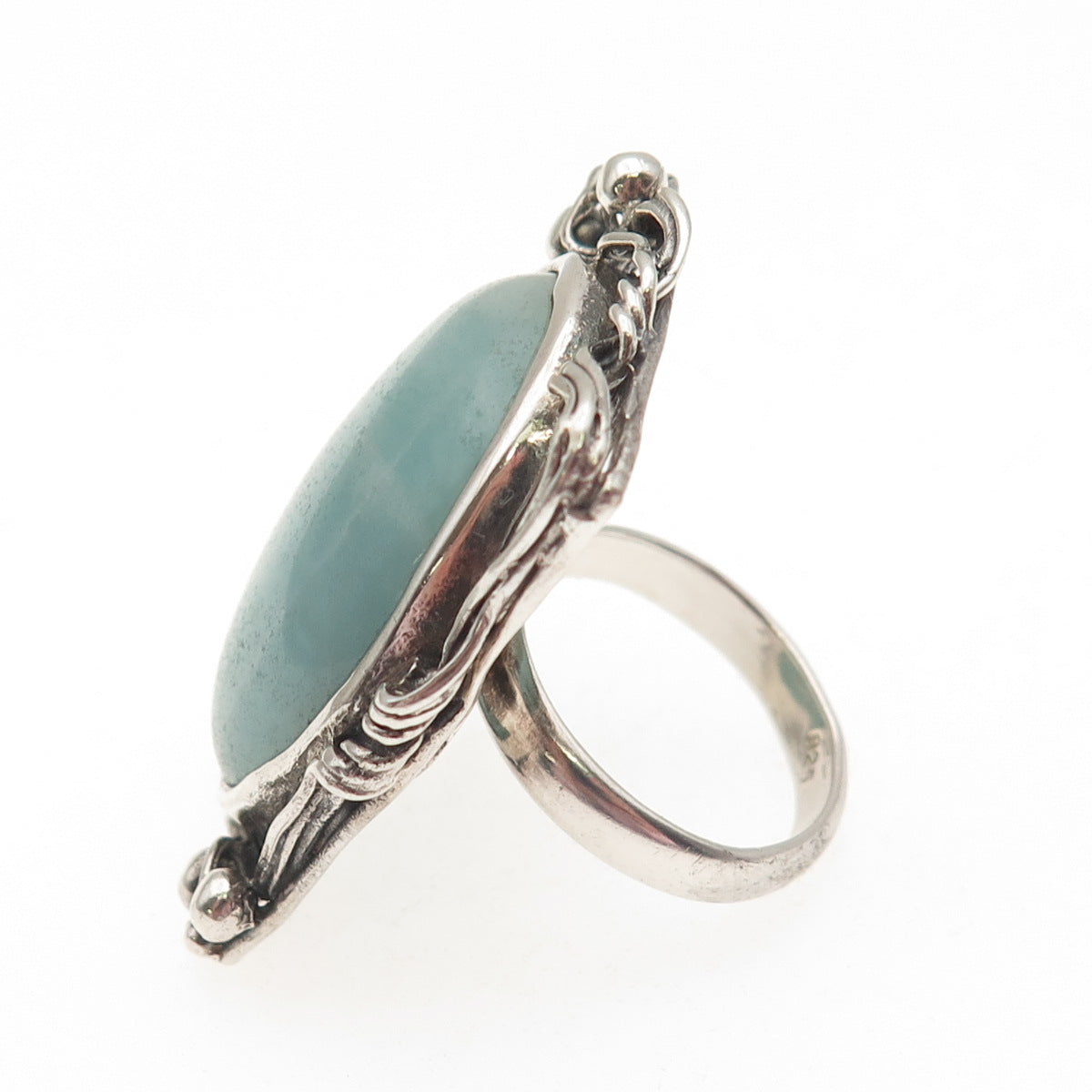 925 Sterling Silver Vintage Real Larimar Modernist Oxidized Ring Size 7
