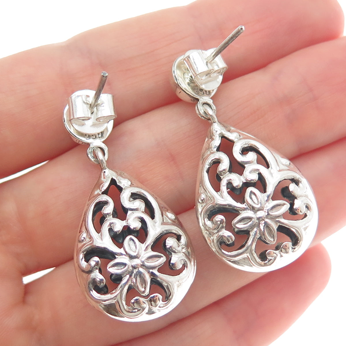950 Silver Vintage Floral Swirl Teardrop Dangle Earrings