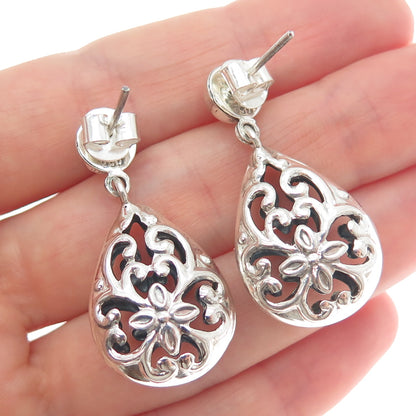 950 Silver Vintage Floral Swirl Teardrop Dangle Earrings