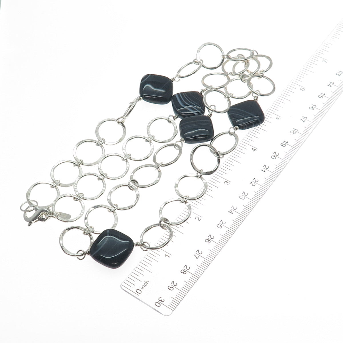 925 Sterling Silver Vintage Real Black Agate Hammered Circle Chain Necklace 24"