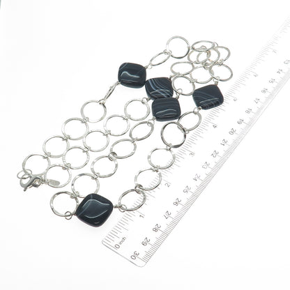 925 Sterling Silver Vintage Real Black Agate Hammered Circle Chain Necklace 24"