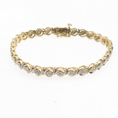 925 Sterling Silver Gold Plated Real Diamond Swirl Tennis Link Bracelet 7.25"