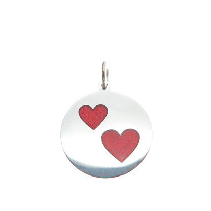 925 Sterling Silver Red Enamel Couple Heart Round Tag Minimalist Charm Pendant