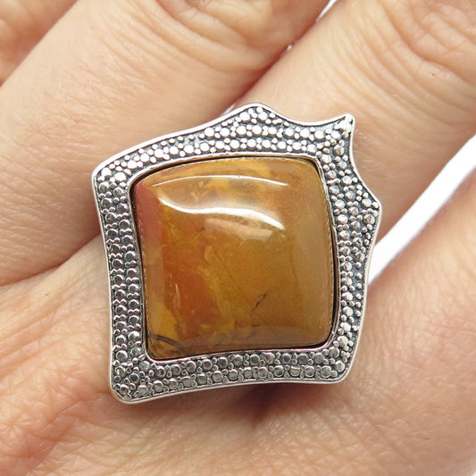 925 Sterling Silver Vintage Morocco Real Jasper Granulated Square Ring Size 9.5