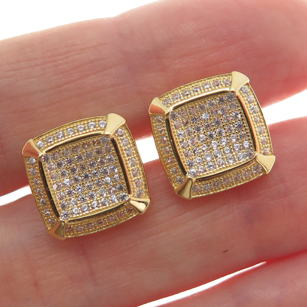 925 Sterling Silver Gold Plated Round-Cut C Z Cushion Stud Earrings