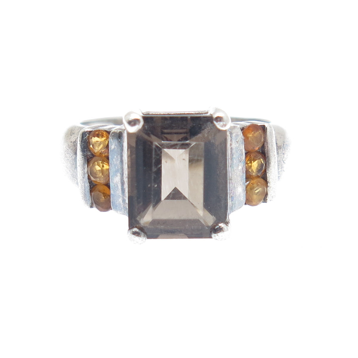 925 Sterling Silver Vintage Real Emerald-Cut Smoky Quartz & Citrine Ring Size 6