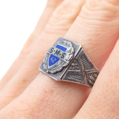 925 Sterling Silver Antique 1942 Enamel SMS College Oxidized Ring Size 10.75