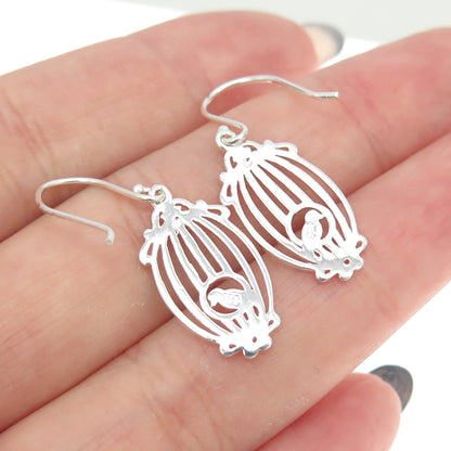 925 Sterling Silver 2-Tone Bird in Cage Dangling Earrings