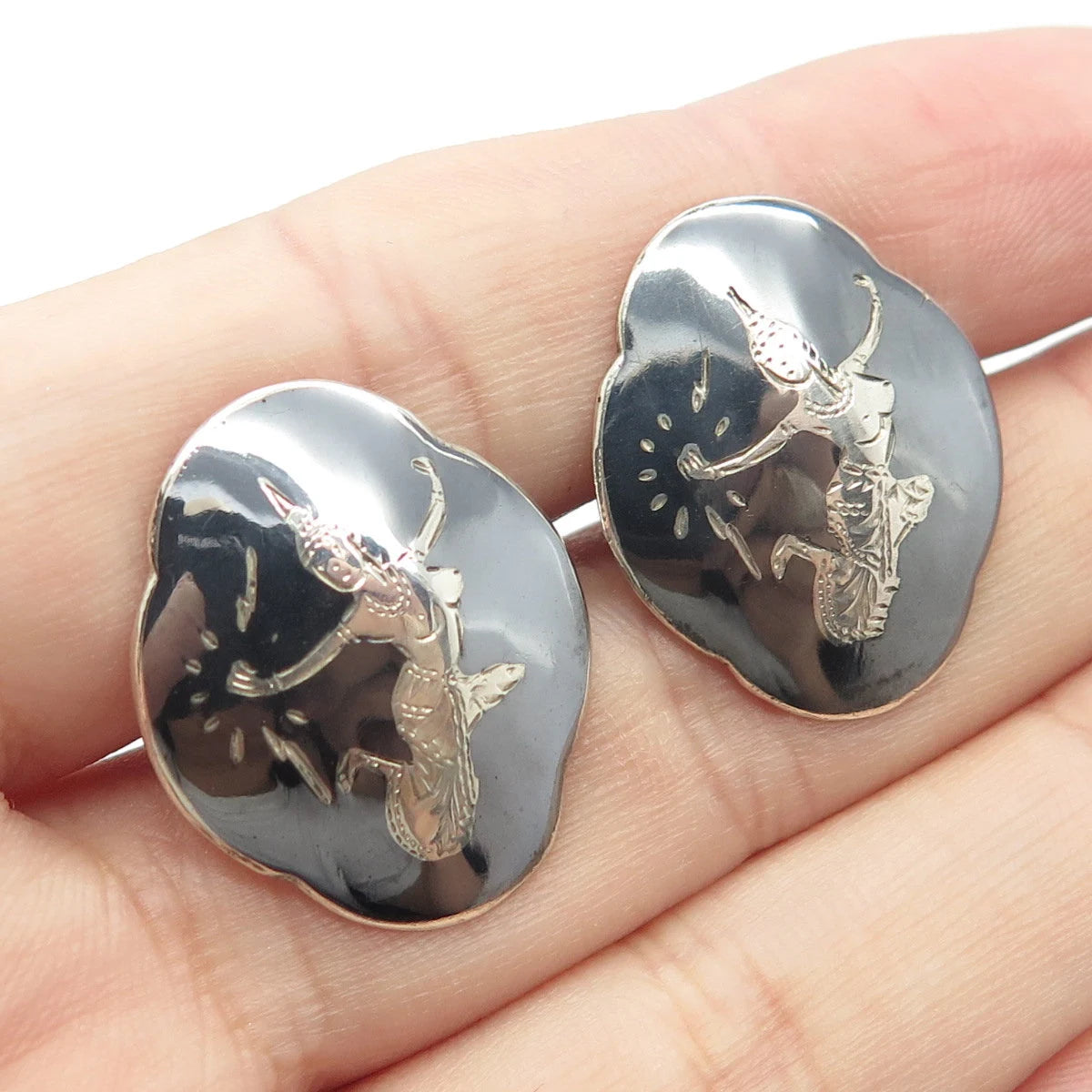 925 Sterling Silver Vintage Siam Niello Hindu Goddess Cufflinks