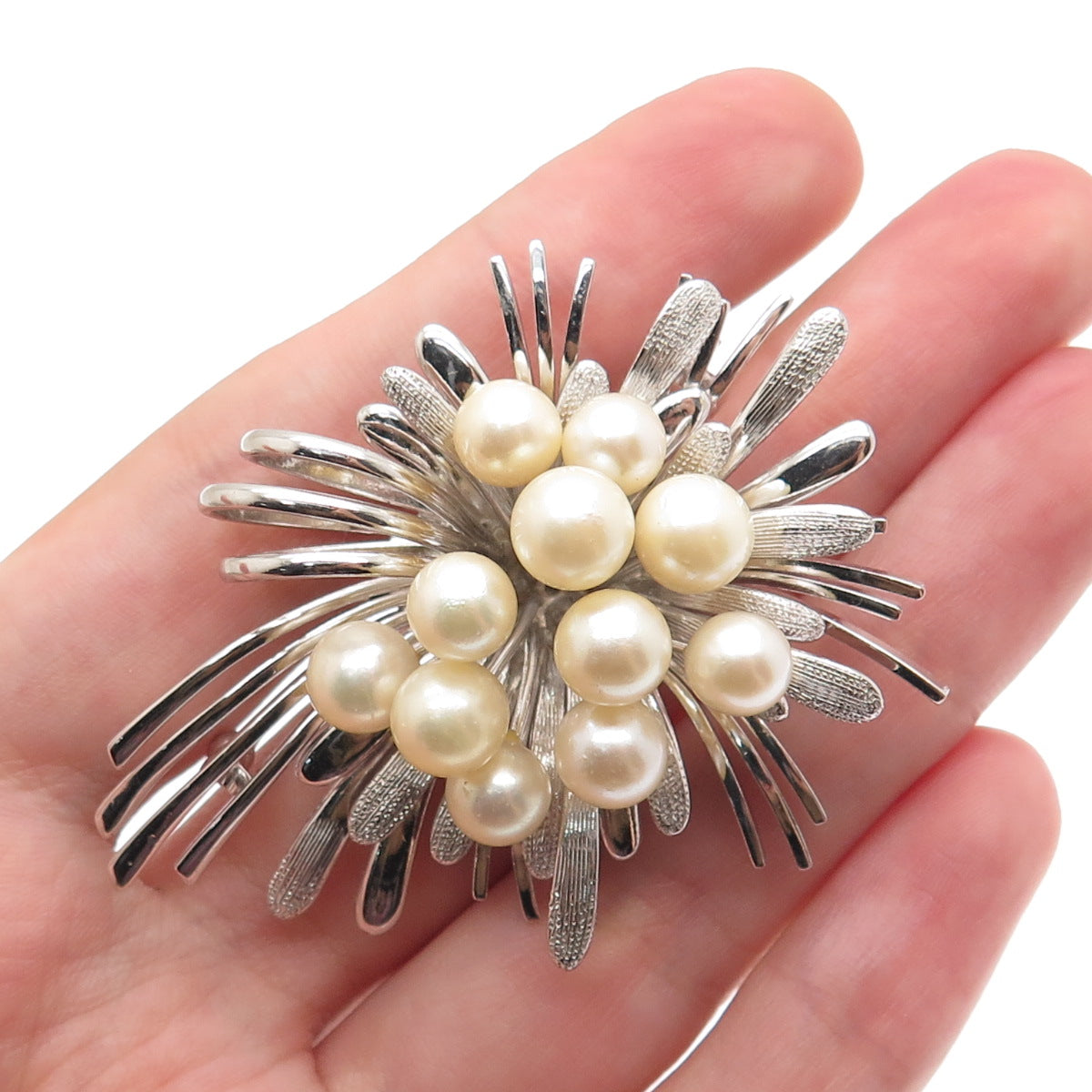 925 Sterling Silver Vintage Real Pearl Modernist Flower Pin Brooch