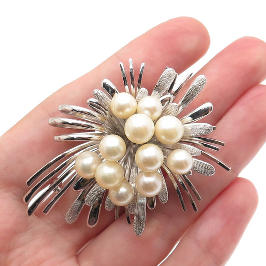 925 Sterling Silver Vintage Real Pearl Modernist Flower Pin Brooch