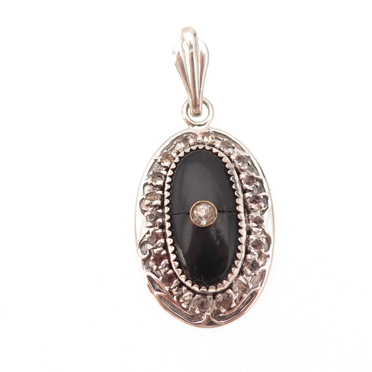 Martelli 925 Sterling Silver Antique Art Deco Real Black Onyx Rhinestone Pendant