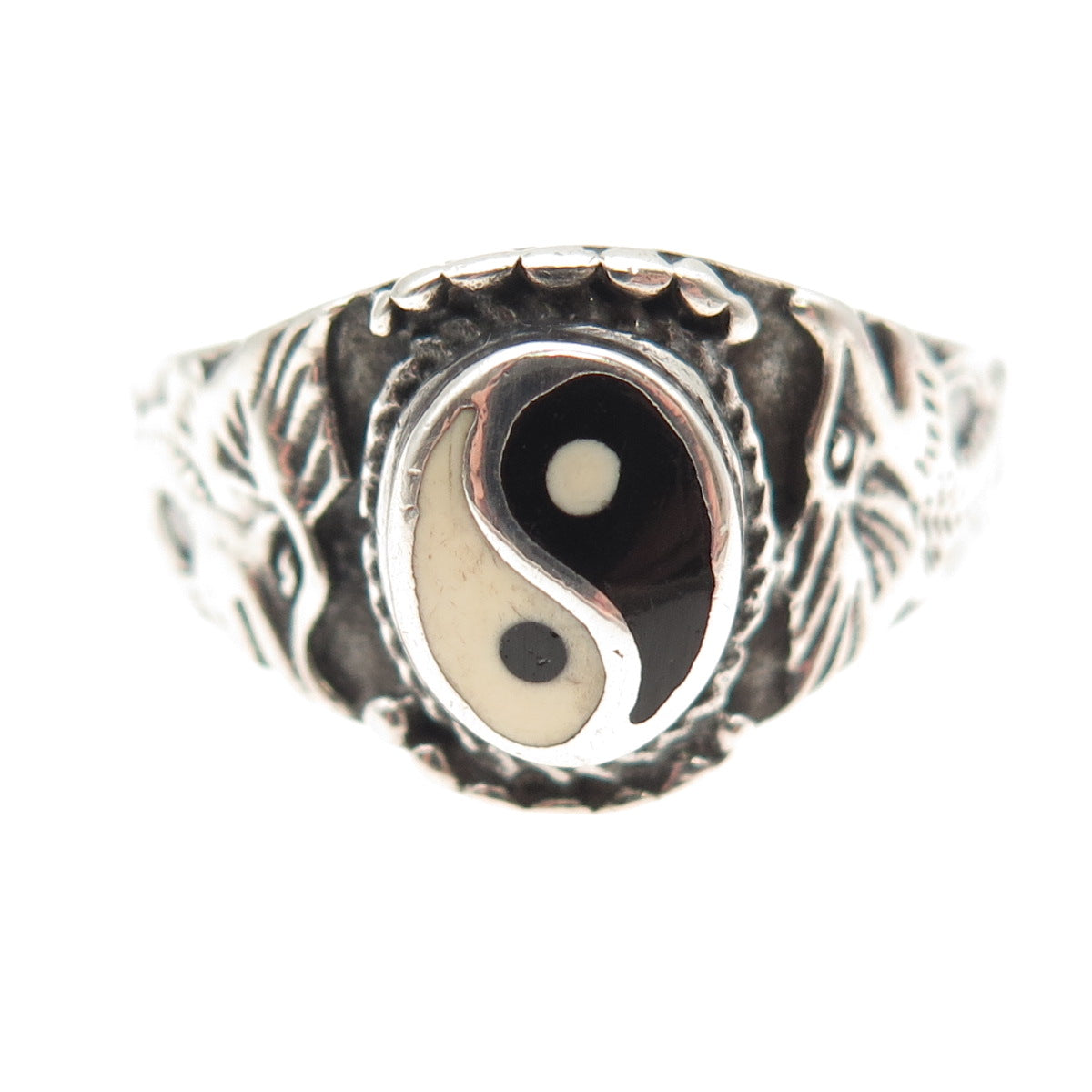 925 Sterling Silver Vintage Real Black & White Onyx Yin Yang Ring Size 11.75