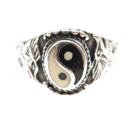 925 Sterling Silver Vintage Real Black & White Onyx Yin Yang Ring Size 11.75