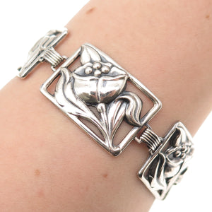 Danecraft Sterling Silver Antique Art Deco Floral Link Oxidized Bracelet 7.25"