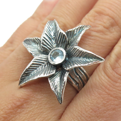 925 Sterling Silver Vintage Blue Topaz Gemstone Edelweiss Oxidized Ring Size 8.5