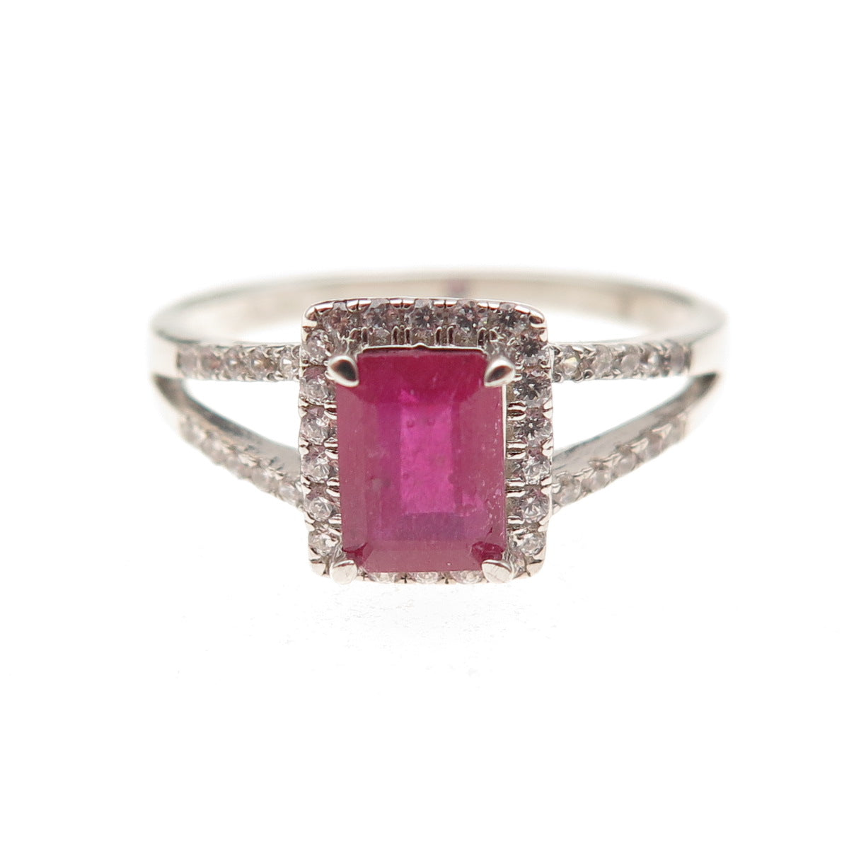 925 Sterling Silver Real Emerald-Cut Ruby & Round-Cut C Z Ring Size 9.25
