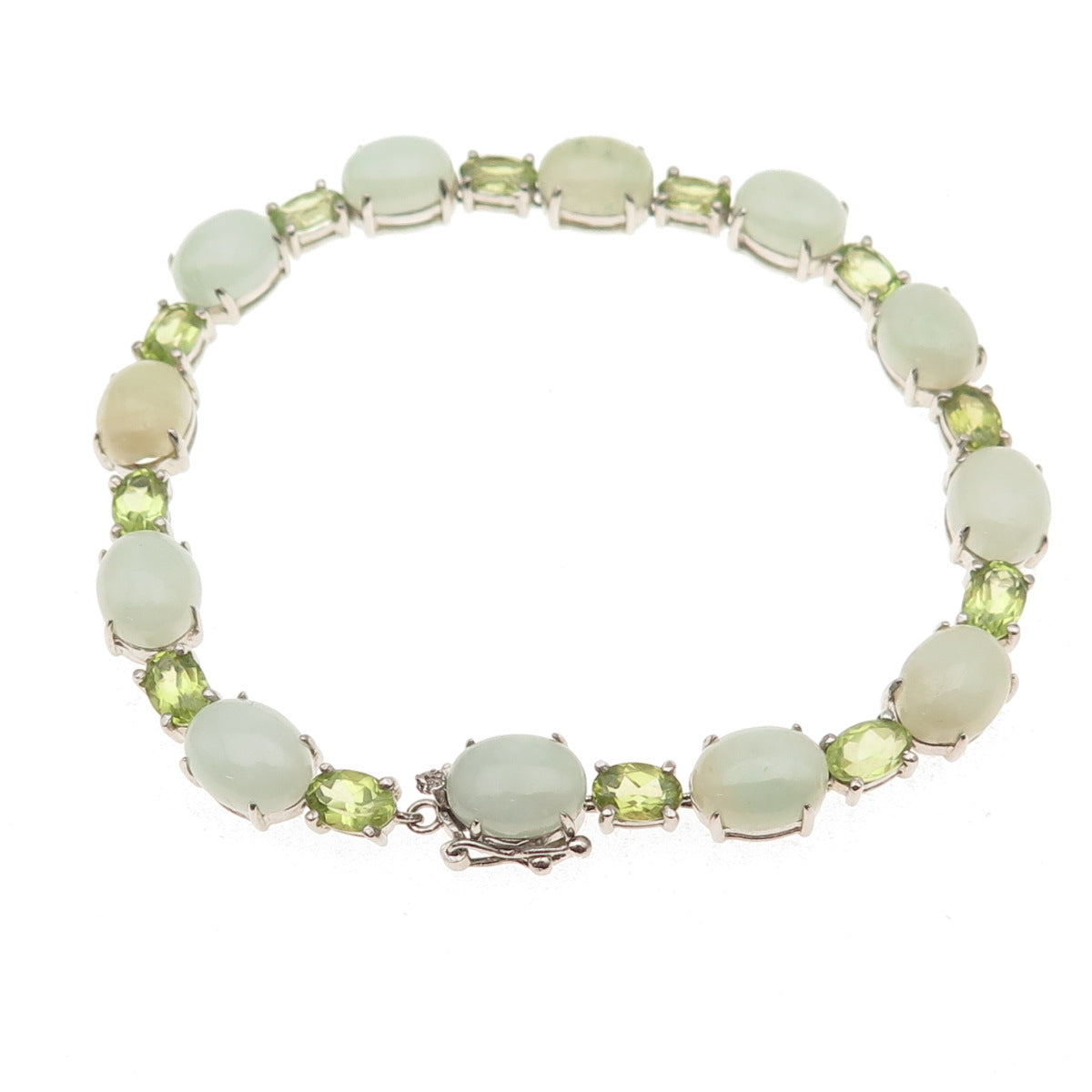 925 Sterling Silver Vintage Real Cabochon Jade & Oval-Cut Peridot Bracelet 7.5"