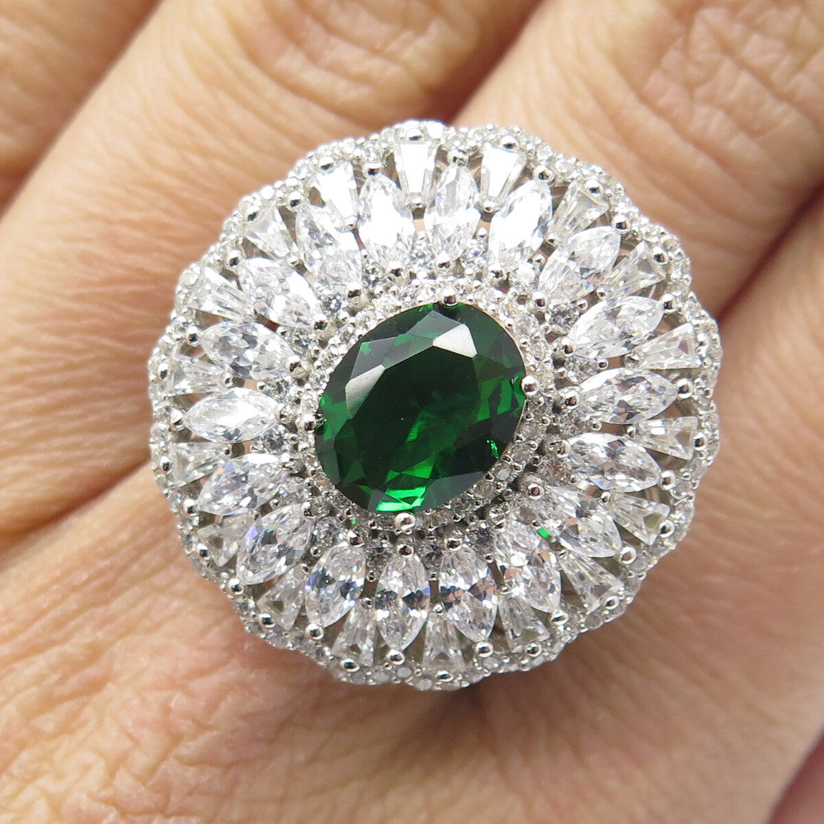 DSMK 925 Sterling Silver Chrome Diopside & Multi-Cut C Z Cluster Ring Size 7.25