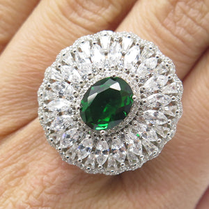 DSMK 925 Sterling Silver Chrome Diopside & Multi-Cut C Z Cluster Ring Size 7.25
