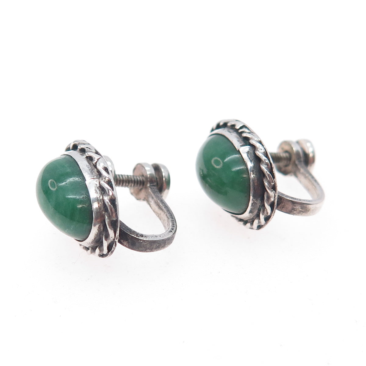 925 Sterling Silver Vintage Mexico Real Cabochon Jade Screw Back Earrings