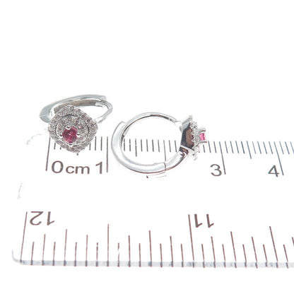 925 Sterling Silver Round-Cut Pink & White C Z Cushion Hoop Earrings