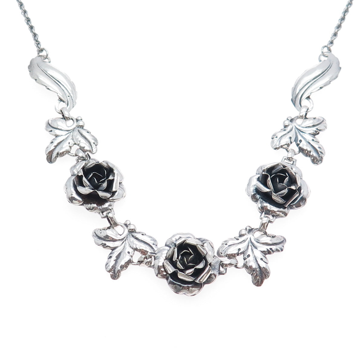 925 Sterling Silver Antique Rose Flower Oxidized Necklace 16" (missing lock)