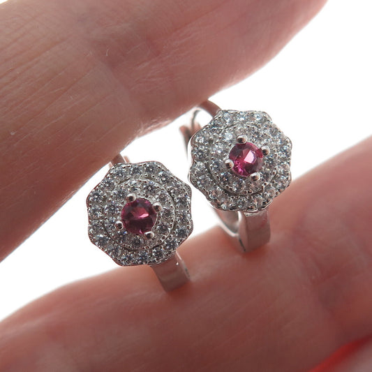 925 Sterling Silver Round-Cut Pink & White C Z Flower Hoop Earrings