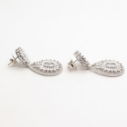 925 Sterling Silver C Z Teardrop Floral Dangling Earrings