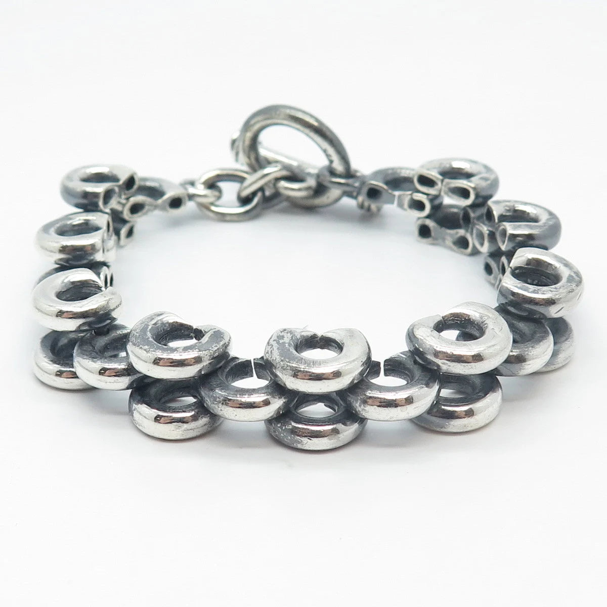 925 Sterling Silver Vintage Toggle Clasp Multi-Circle & Panther Link Bracelet 7"