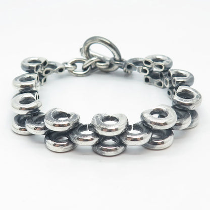 925 Sterling Silver Vintage Toggle Clasp Multi-Circle & Panther Link Bracelet 7"