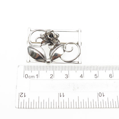 925 Sterling Silver Antique Art Deco Flower Oxidized Pin Brooch