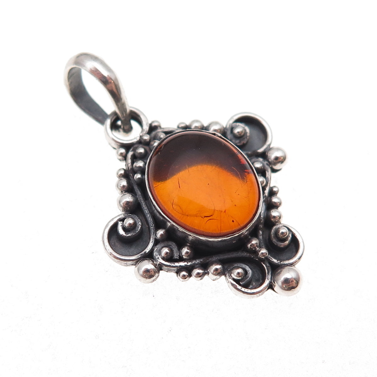 925 Sterling Silver Vintage Real Amber Beaded Oxidized Charm Pendant