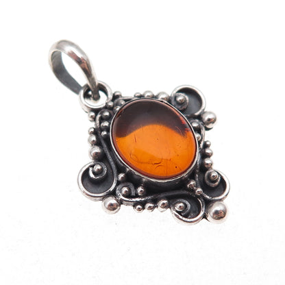 925 Sterling Silver Vintage Real Amber Beaded Oxidized Charm Pendant