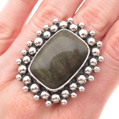 925 Sterling Silver Vintage Real Obsidian Beaded Adjustable Ring Size 7