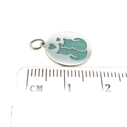 925 Sterling Silver Green Enamel Cat Couple Minimalist Round Tag Charm Pendant