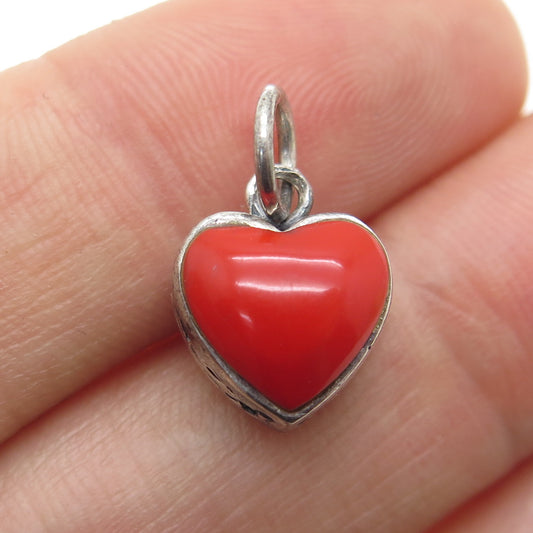 925 Sterling Silver Vintage Real Coral Heart Charm Pendant