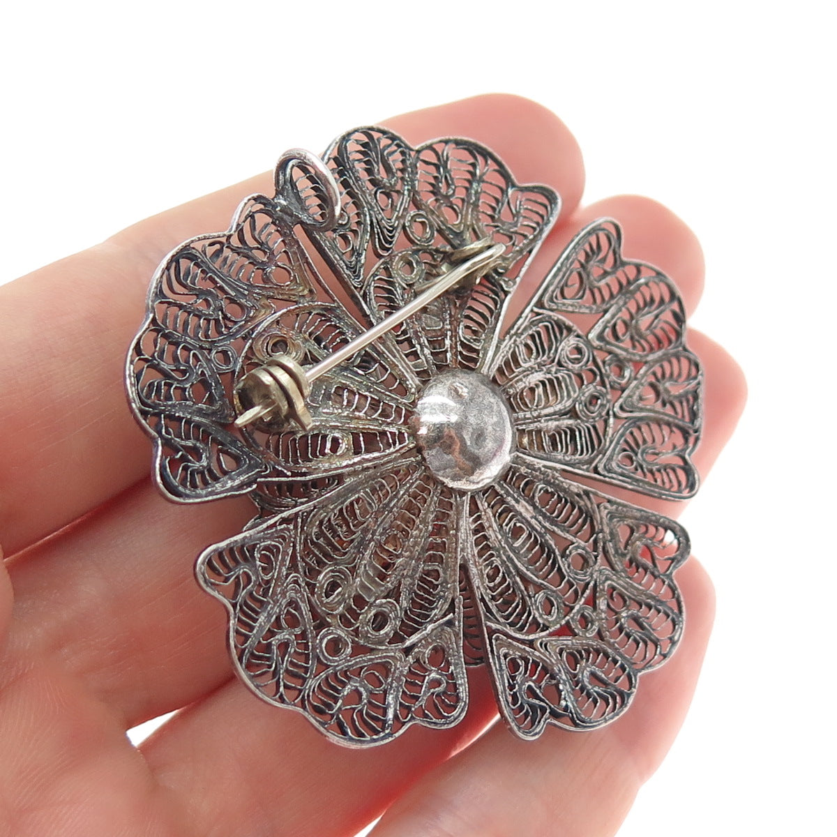925 Sterling Silver Vintage Flower Filigree Oxidized Pin Brooch / Pendant